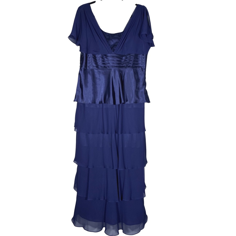 Patra Navy Blue Tiered Chiffon Formal Dress Women's Satin Waist Evening Gown